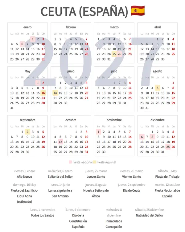 Calendario Laboral 2027, Ceuta (España)