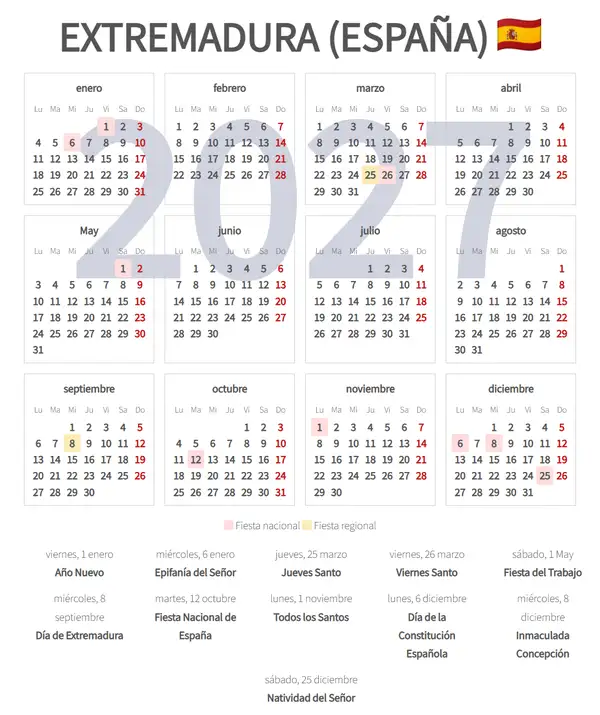Calendario Laboral 2027, Extremadura (España)