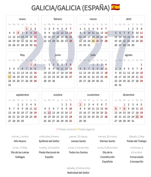 Calendario Laboral 2027, Galicia [galicia] (España)