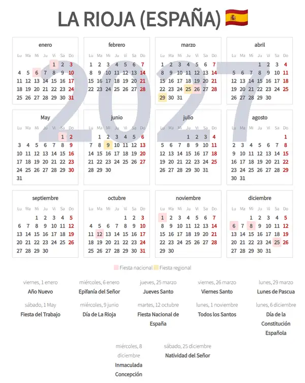 Calendario Laboral 2027, La rioja (España)