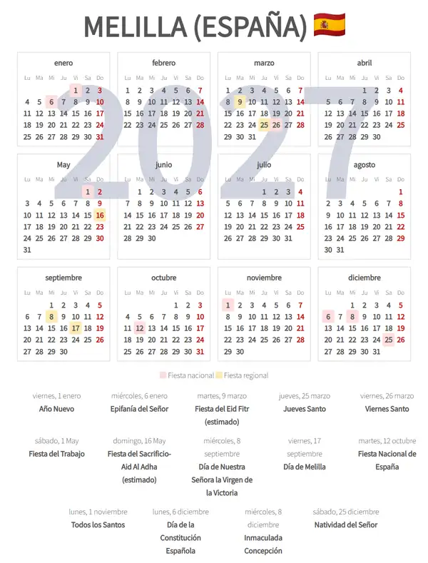 Calendario Laboral 2027, Melilla (España)