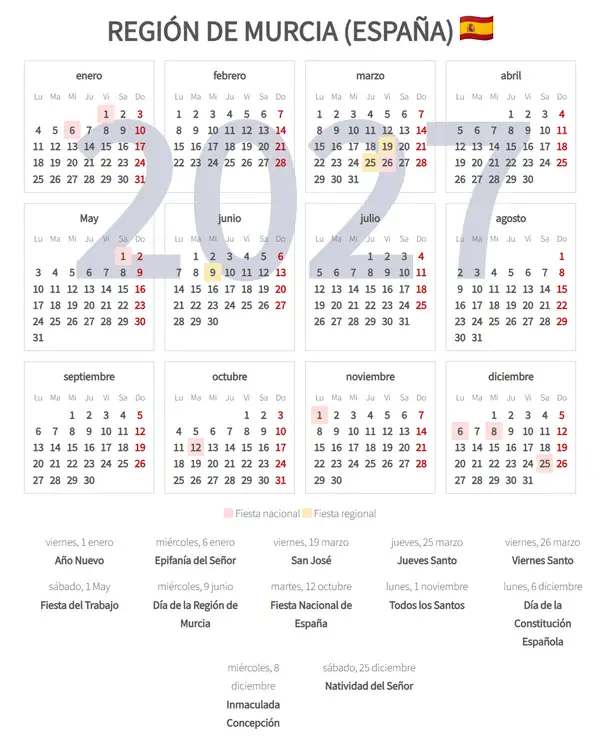 Calendario Laboral 2027, Murcia, región de (España)