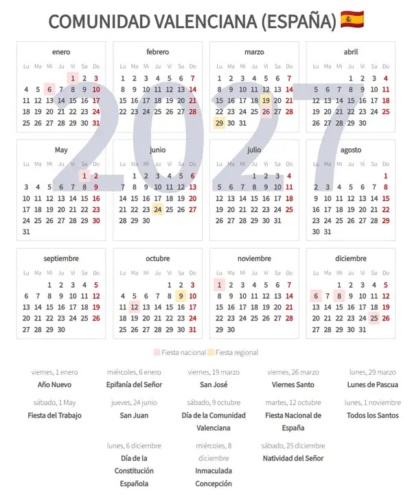 Calendario Laboral 2027, Valenciana, comunidad (España)