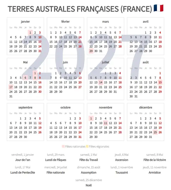Calendrier de Travail 2027, Terres australes françaises (France)