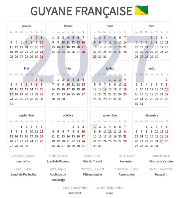 Calendrier de Travail 2027 de Guyane française