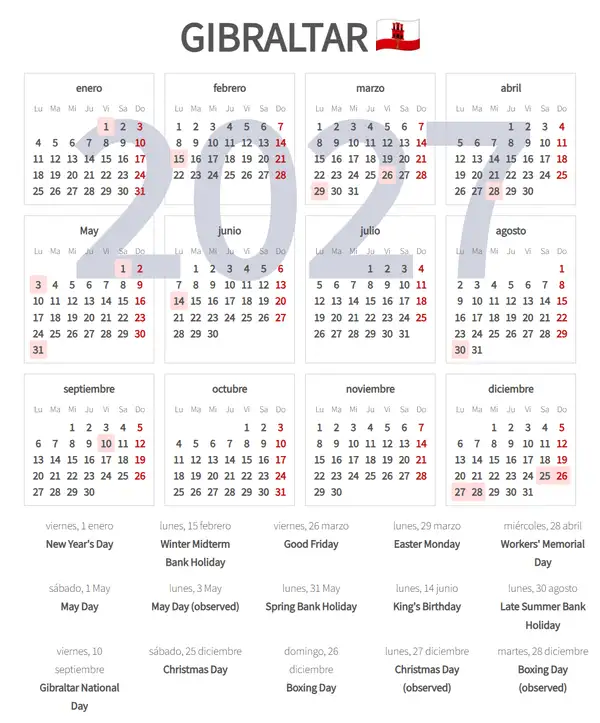 Calendario Laboral 2027 de Gibraltar