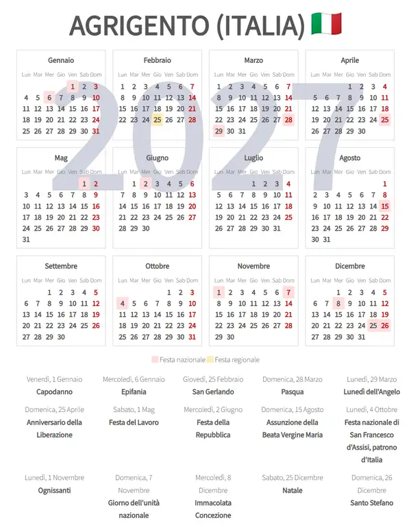 Calendario Lavorativo 2027, Agrigento (Italia)