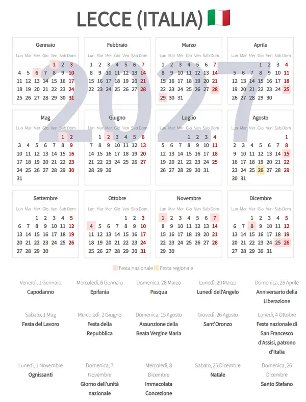 Calendario Lavorativo 2027, Lecce (Italia)