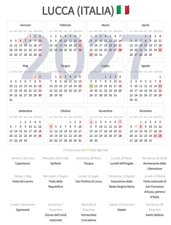 Calendario Lavorativo 2027, Lucca (Italia)