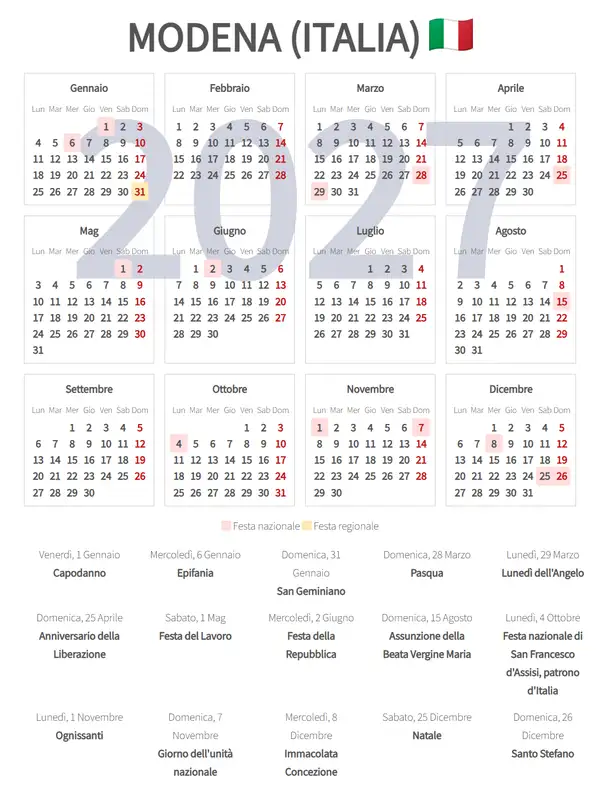 Calendario Lavorativo 2027, Modena (Italia)