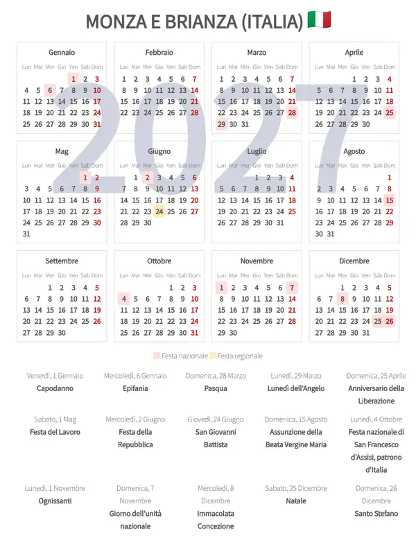 Calendario Lavorativo 2027, Monza e brianza (Italia)