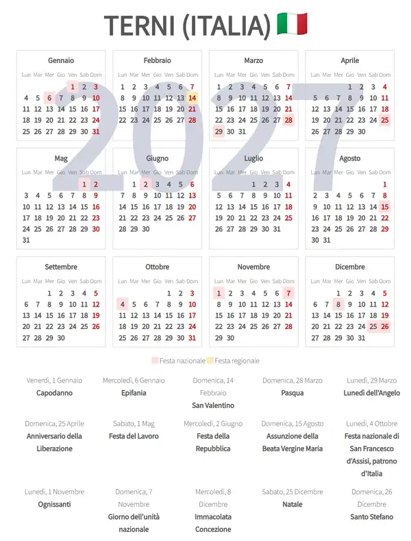 Calendario Lavorativo 2027, Terni (Italia)