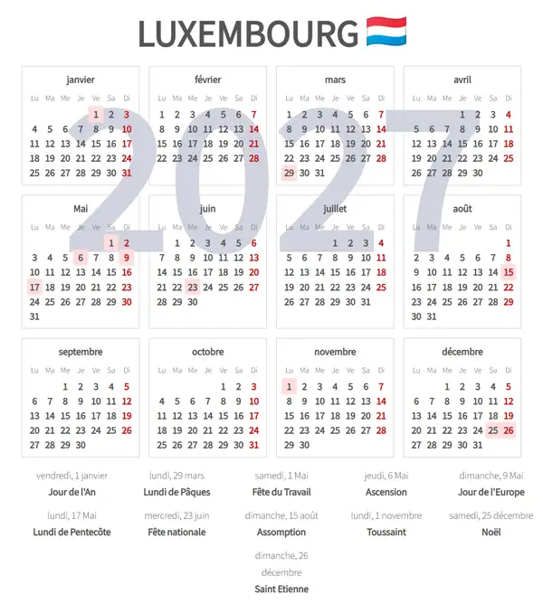 Calendrier de Travail 2027 de Luxembourg