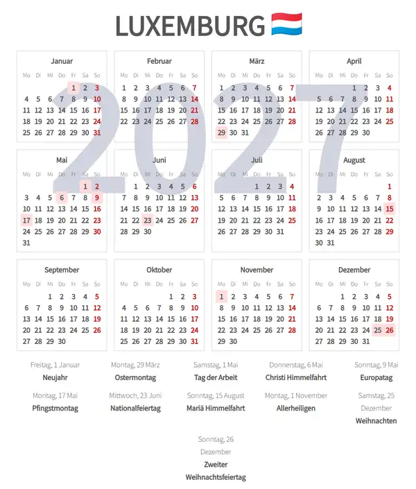 Arbeitskalender 2027 für Luxemburg - Feiertage