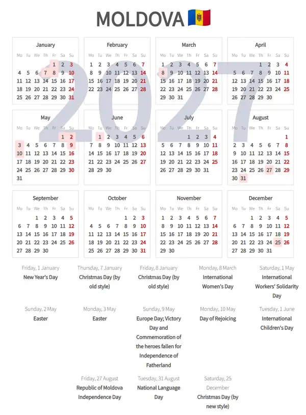 Work Calendar 2027, Moldova - Public Holidays