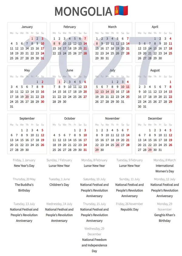 Work Calendar 2027, Mongolia - Public Holidays
