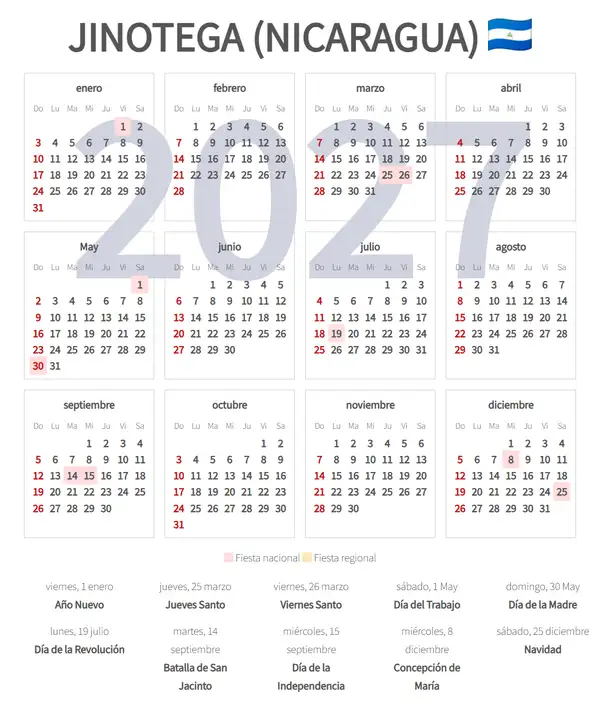 Calendario Laboral 2027, Jinotega (Nicaragua)
