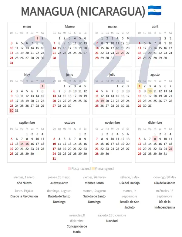 Calendario Laboral 2027, Managua (Nicaragua)