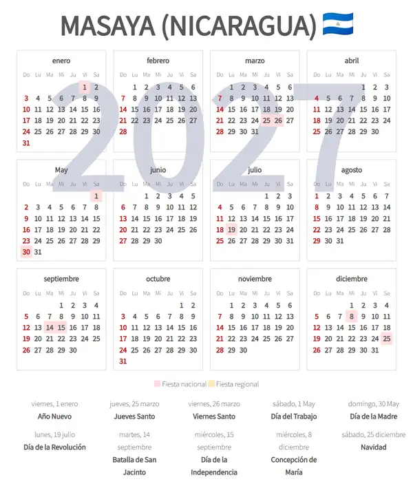 Calendario Laboral 2027, Masaya (Nicaragua)