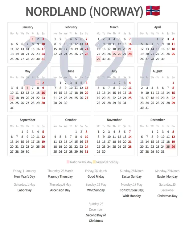 Work Calendar 2027, Nordland (Norway)