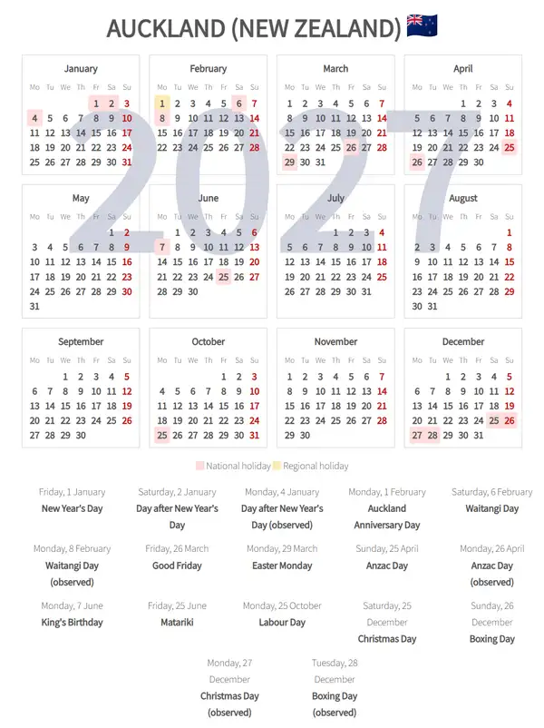 Work Calendar 2027, Auckland (New zealand)