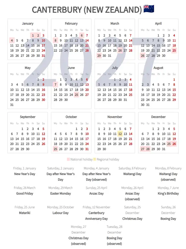 Work Calendar 2027, Canterbury (New zealand)