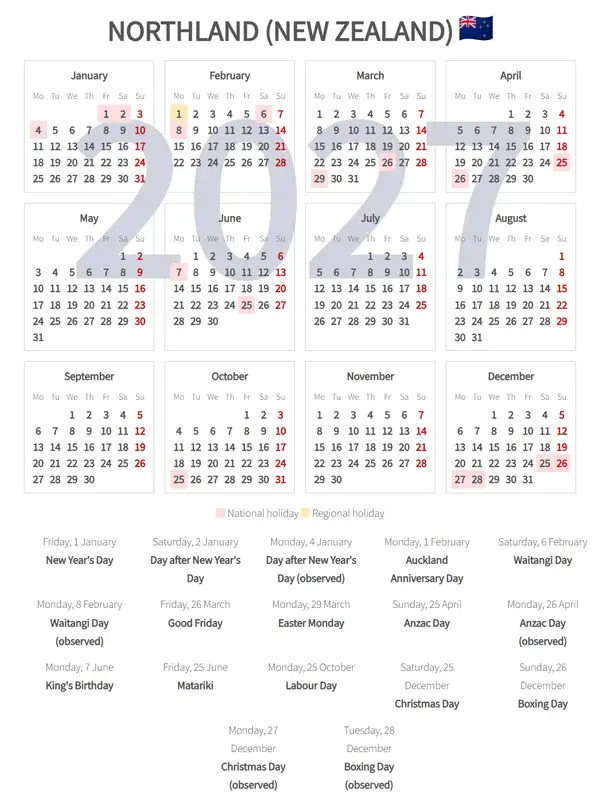 Work Calendar 2027, Northland (New zealand)
