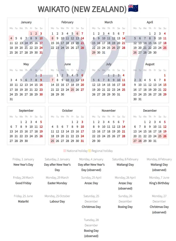Work Calendar 2027, Waikato (New zealand)