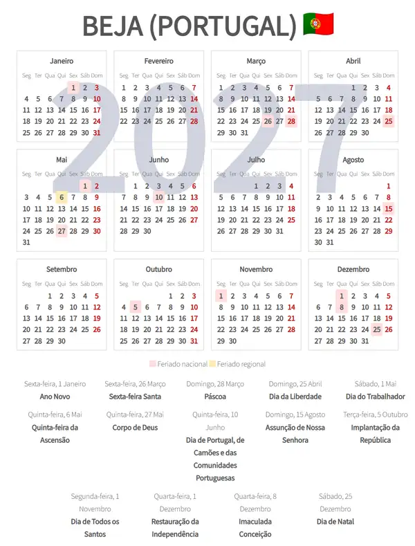 Calendário Laboral 2027, Beja (Portugal)