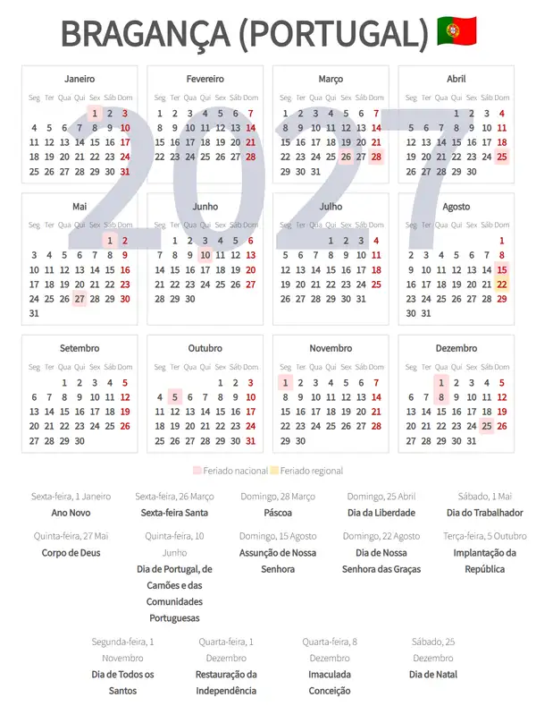 Calendário Laboral 2027, Bragança (Portugal)