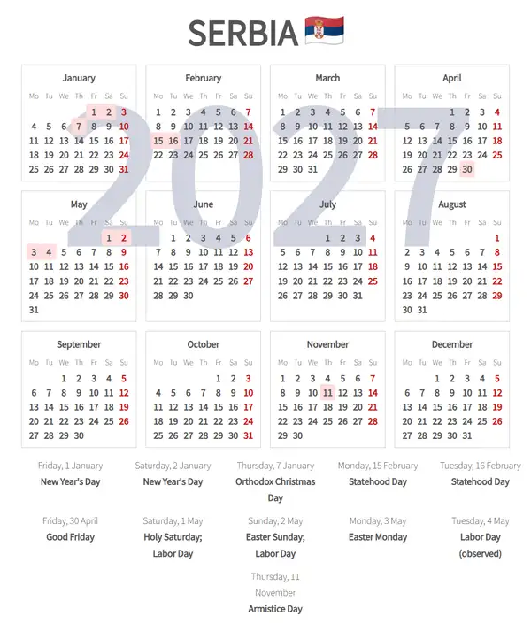 Work Calendar 2027, Serbia - Public Holidays