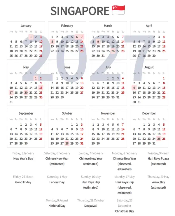 Work Calendar 2027, Singapore - Public Holidays