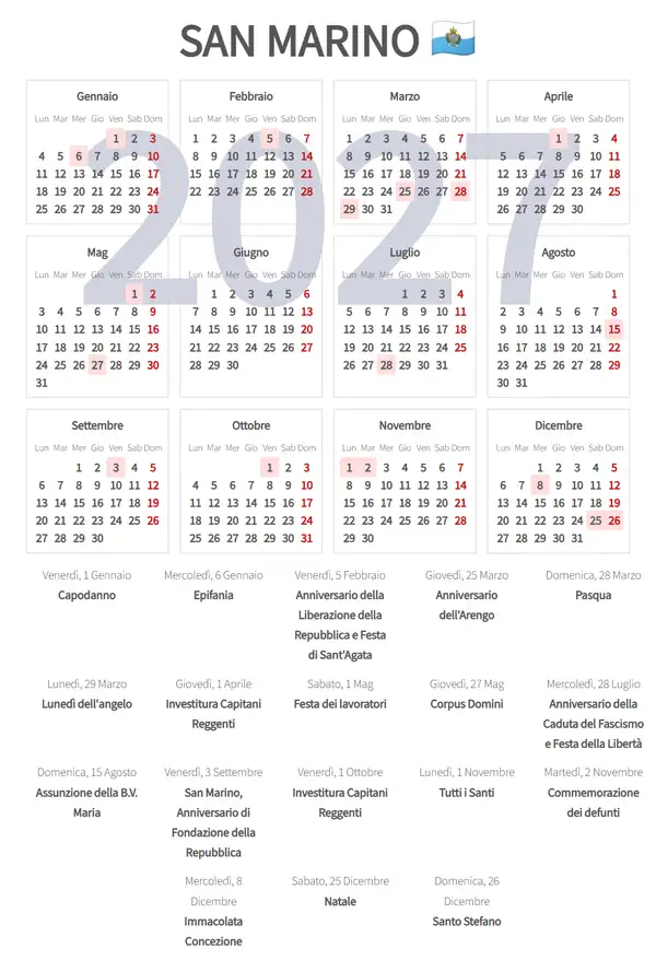 Calendario Lavorativo 2027 per San marino
