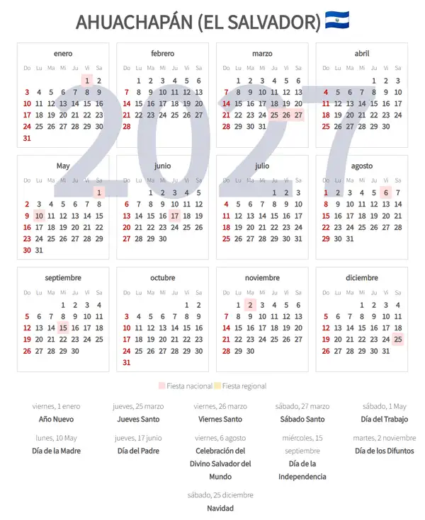 Calendario Laboral 2027, Ahuachapán (El salvador)