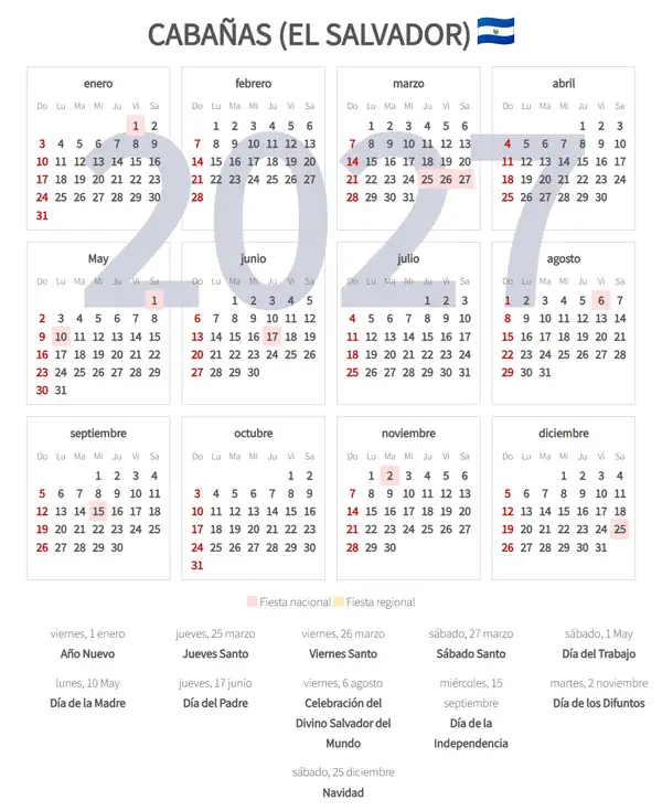 Calendario Laboral 2027, Cabañas (El salvador)