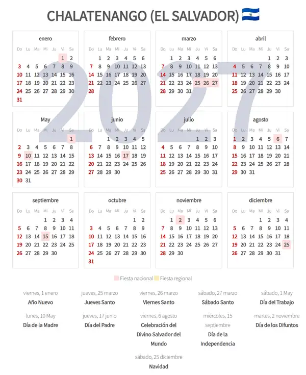 Calendario Laboral 2027, Chalatenango (El salvador)