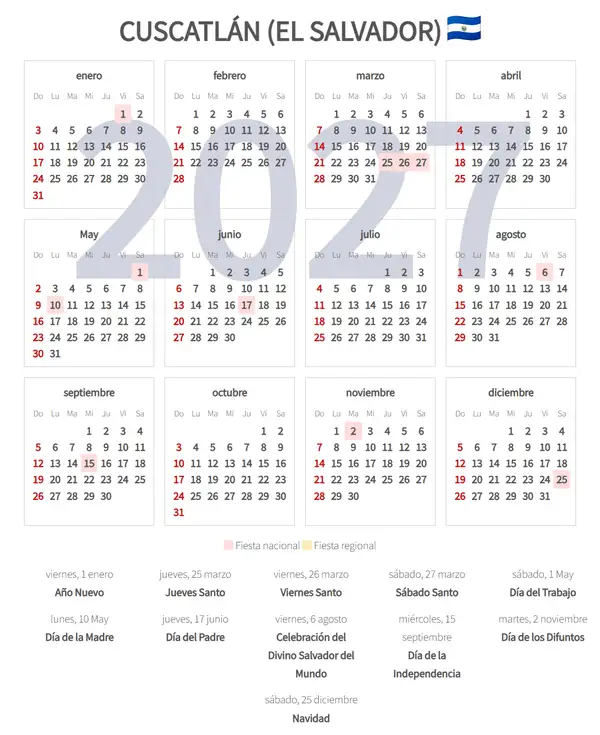 Calendario Laboral 2027, Cuscatlán (El salvador)