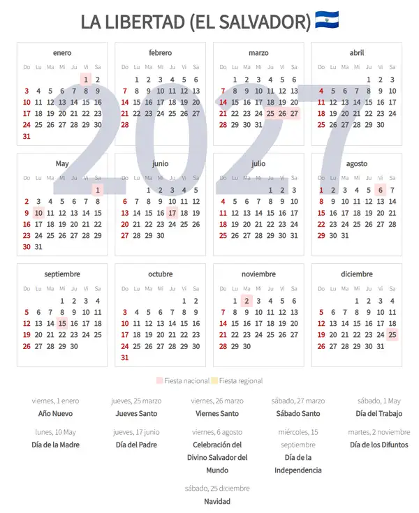 Calendario Laboral 2027, La libertad (El salvador)