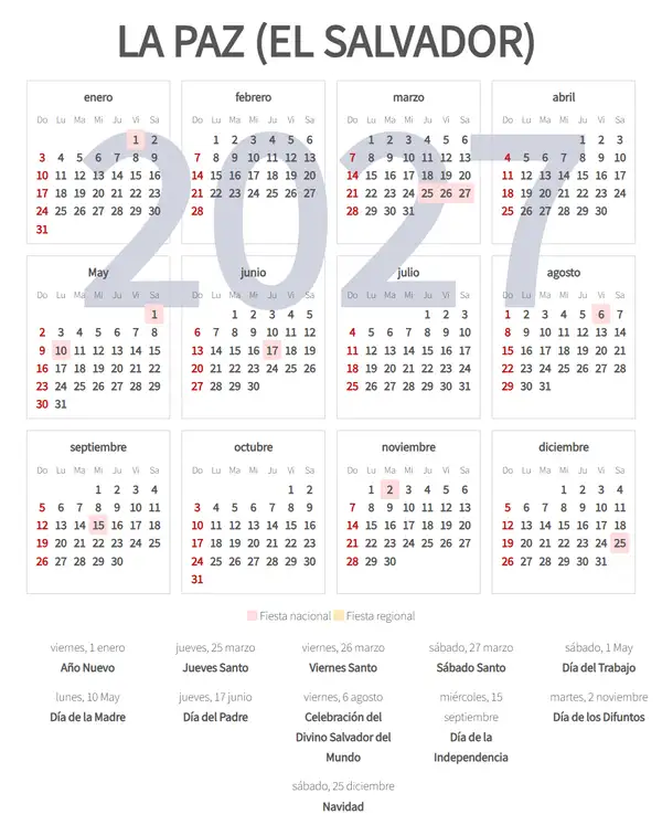 Calendario Laboral 2027, La paz (El salvador)