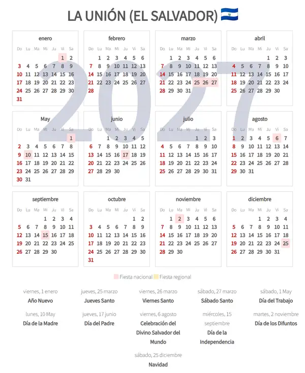 Calendario Laboral 2027, La unión (El salvador)