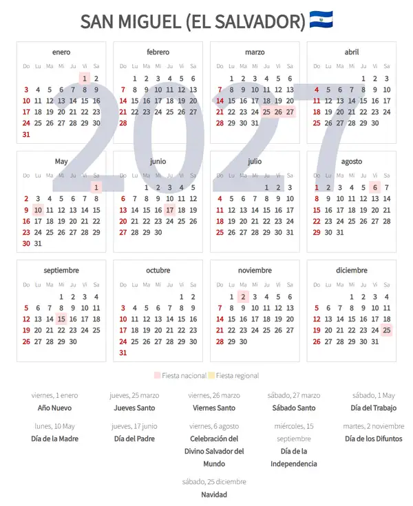 Calendario Laboral 2027, San miguel (El salvador)