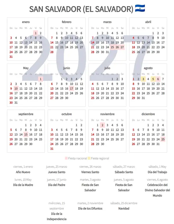 Calendario Laboral 2027, San salvador (El salvador)