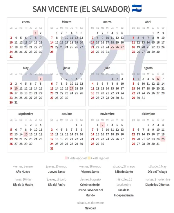Calendario Laboral 2027, San vicente (El salvador)
