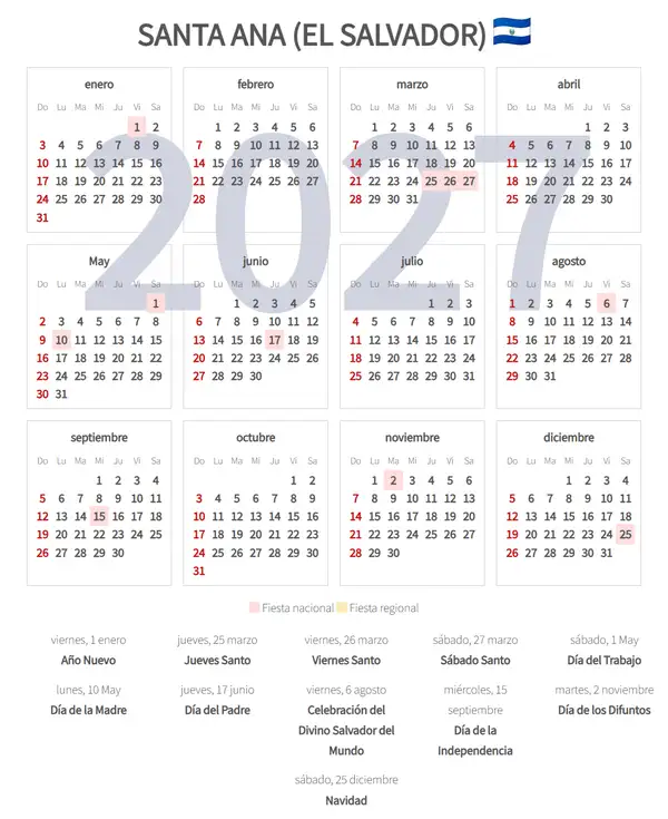 Calendario Laboral 2027, Santa ana (El salvador)