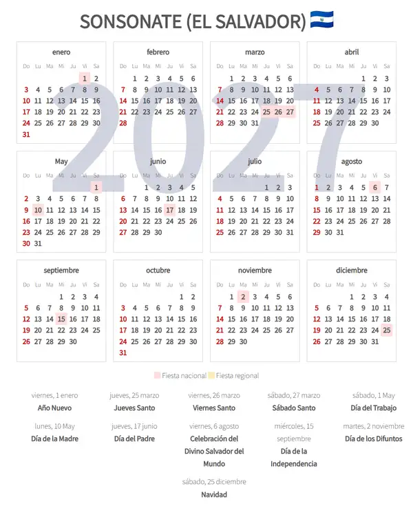 Calendario Laboral 2027, Sonsonate (El salvador)