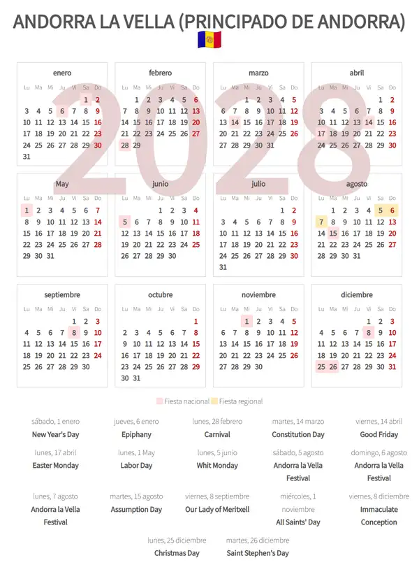 Calendario Laboral 2028, Andorra la vella (Principado de andorra)