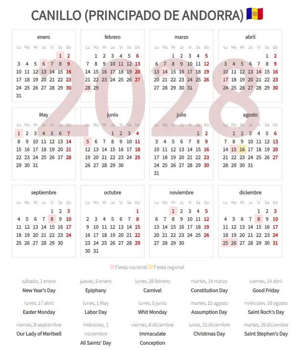 Calendario Laboral 2028, Canillo (Principado de andorra)