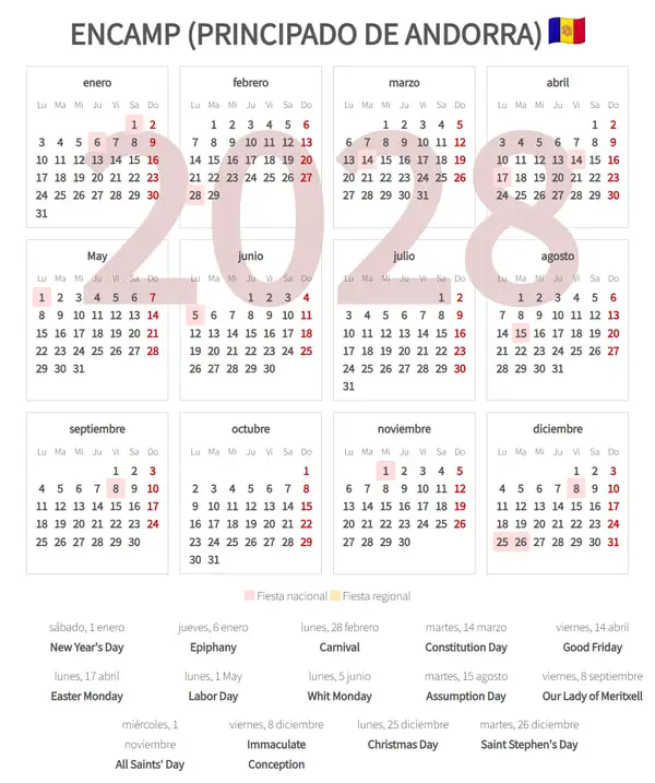 Calendario Laboral 2028, Encamp (Principado de andorra)