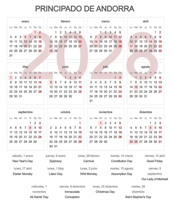 Calendario Laboral 2028 de Principado de andorra