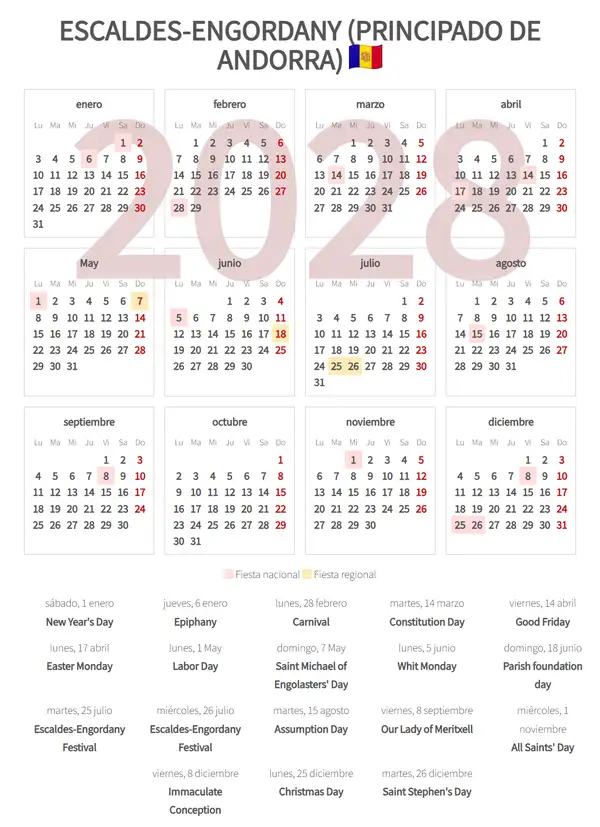 Calendario Laboral 2028, Escaldes-engordany (Principado de andorra)